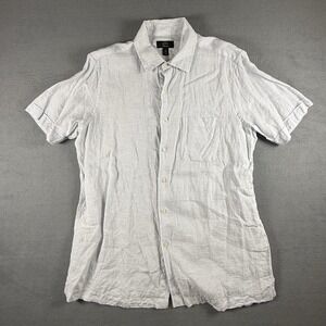 Club Room Men Button Up Shirt Large Gray White Linen Luxury Beach Short Sleeve